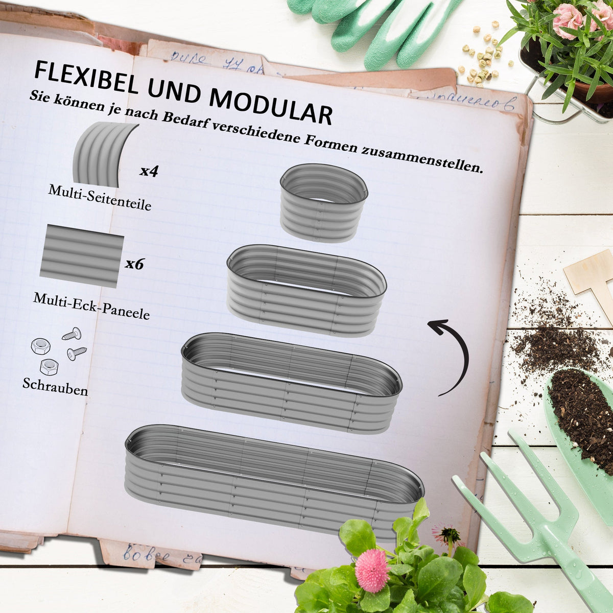 Raised Metal Planter Box 195x62x30cm Open Bottom DIY Flower Box, Silver