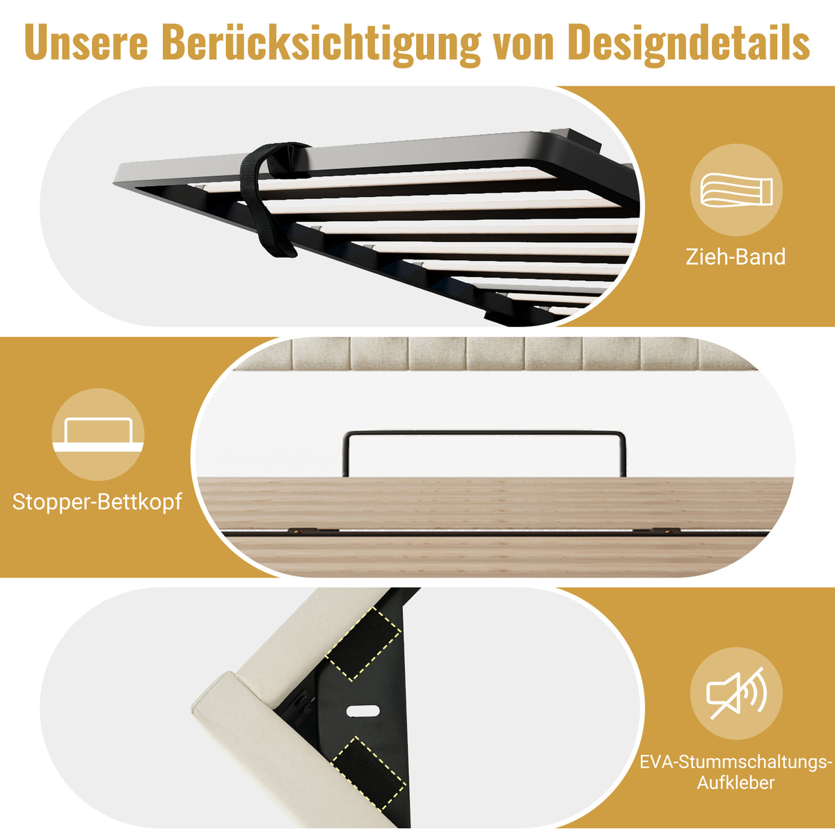 Double Upholstered Bed 140x200 with LED & Storage, Beige Linen