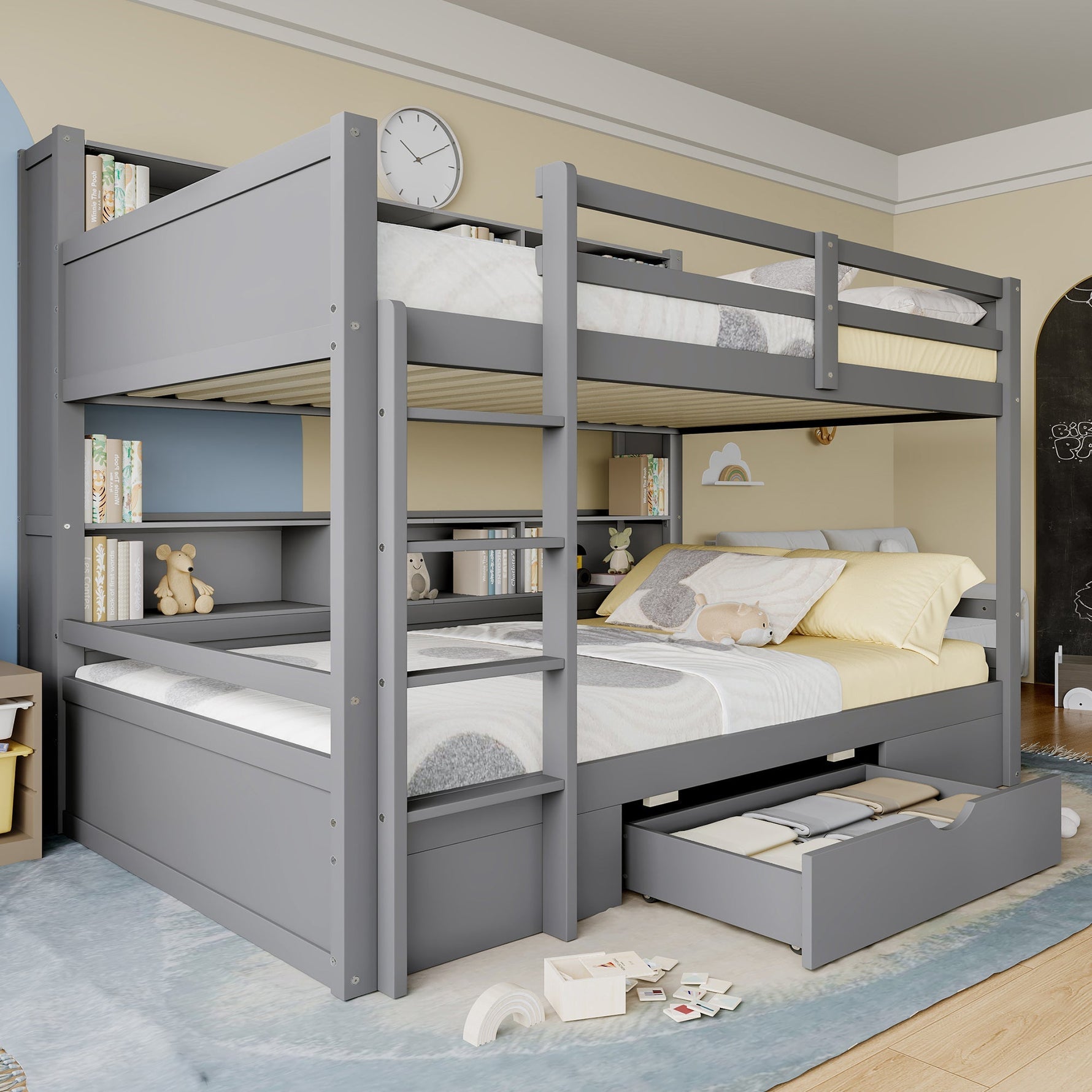 Bunk Bed 90x200cm Single Bed with Drawers Storage Without Mattress Grey