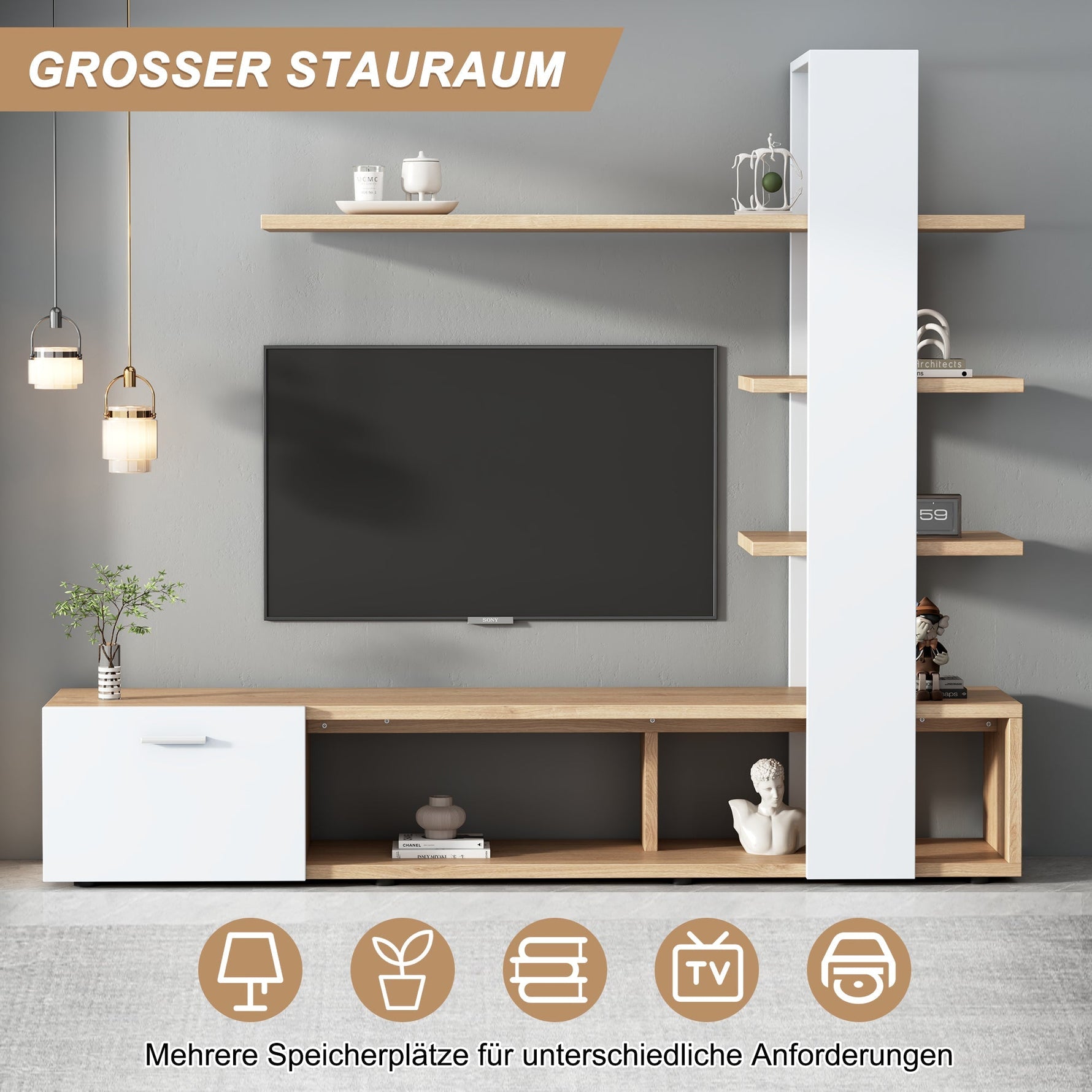 Living Room Wall Cabinet, 180x33.5x151.5cm, for TVs under 60 inches, Modern Oak White