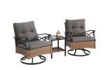 Outdoor Swivel Rocking Chair Set, 3 Pieces with 1 Table and 2 Chairs, 350lb Support, Brown Wicker