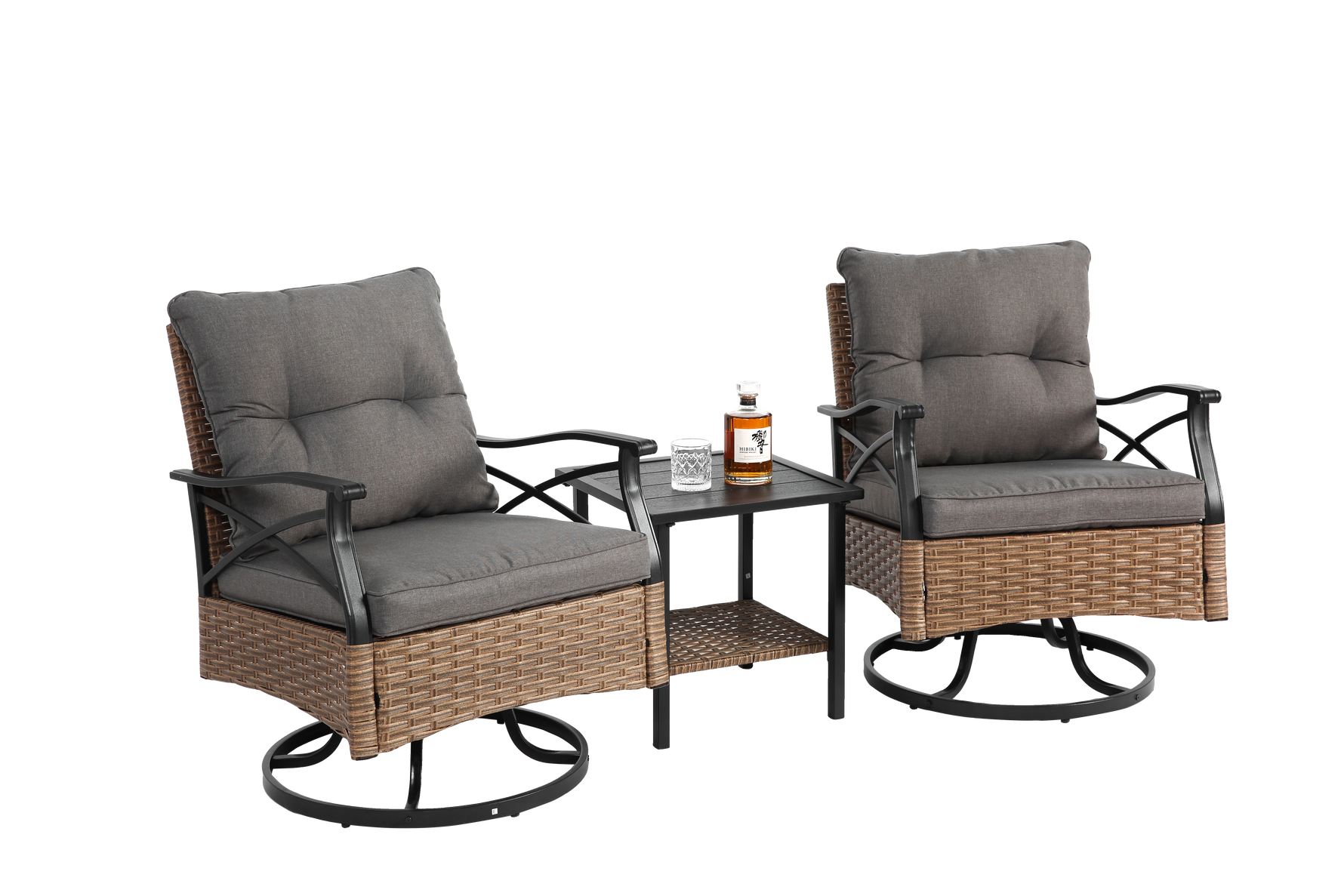 Outdoor Swivel Rocking Chair Set, 3 Pieces with 1 Table and 2 Chairs, 350lb Support, Brown Wicker