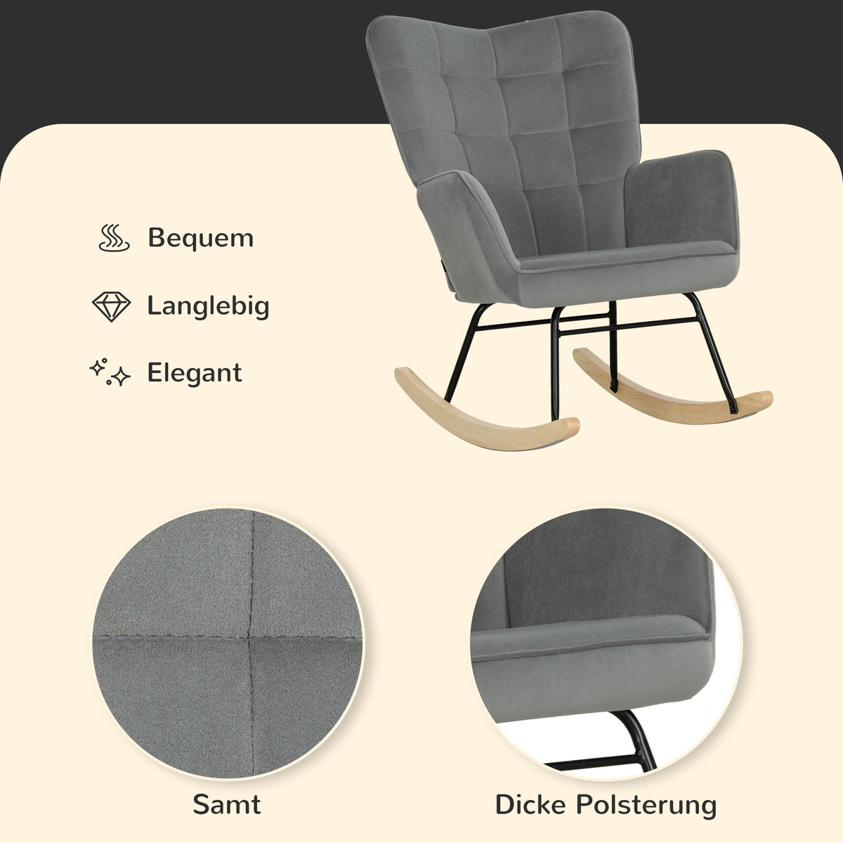 Rocking Chair Armchair with Wooden Runners, Velvet Look, Dark Grey