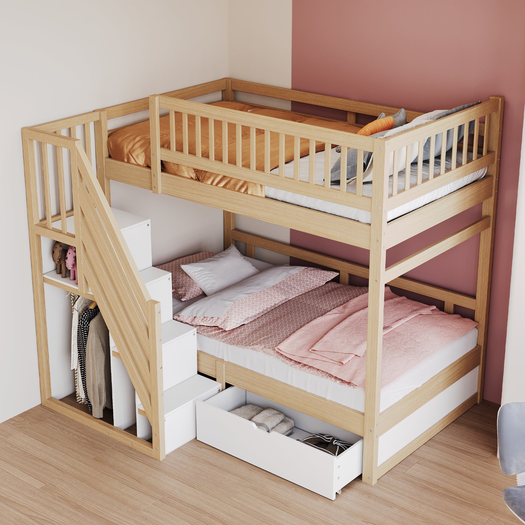 Bunk Bed, Solid Wood 90x200cm with Safety Rail, Slatted Frame, Storage Ladder & Drawers, Wood Color