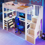 Loft Bed 90x200cm with Desk, Drawer & LED - White Metal