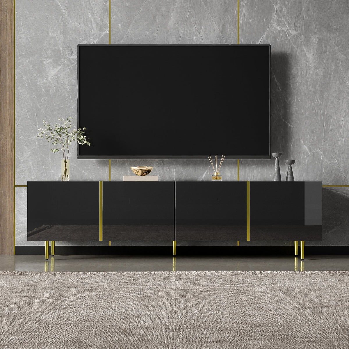TV Cabinet, Modern 4-Door, High-Gloss Black and Gold