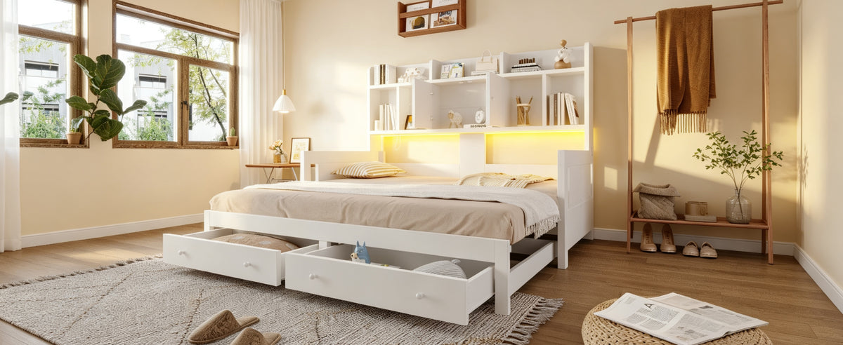 Extendable Wooden Sofa Bed with Storage Drawers & LED - White