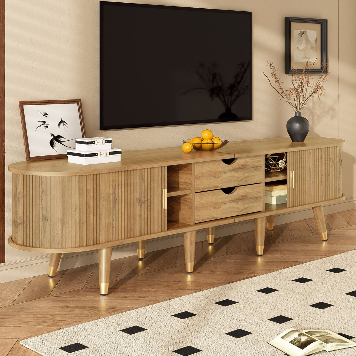TV Cabinet Sliding Doors Media Console Wood Grain