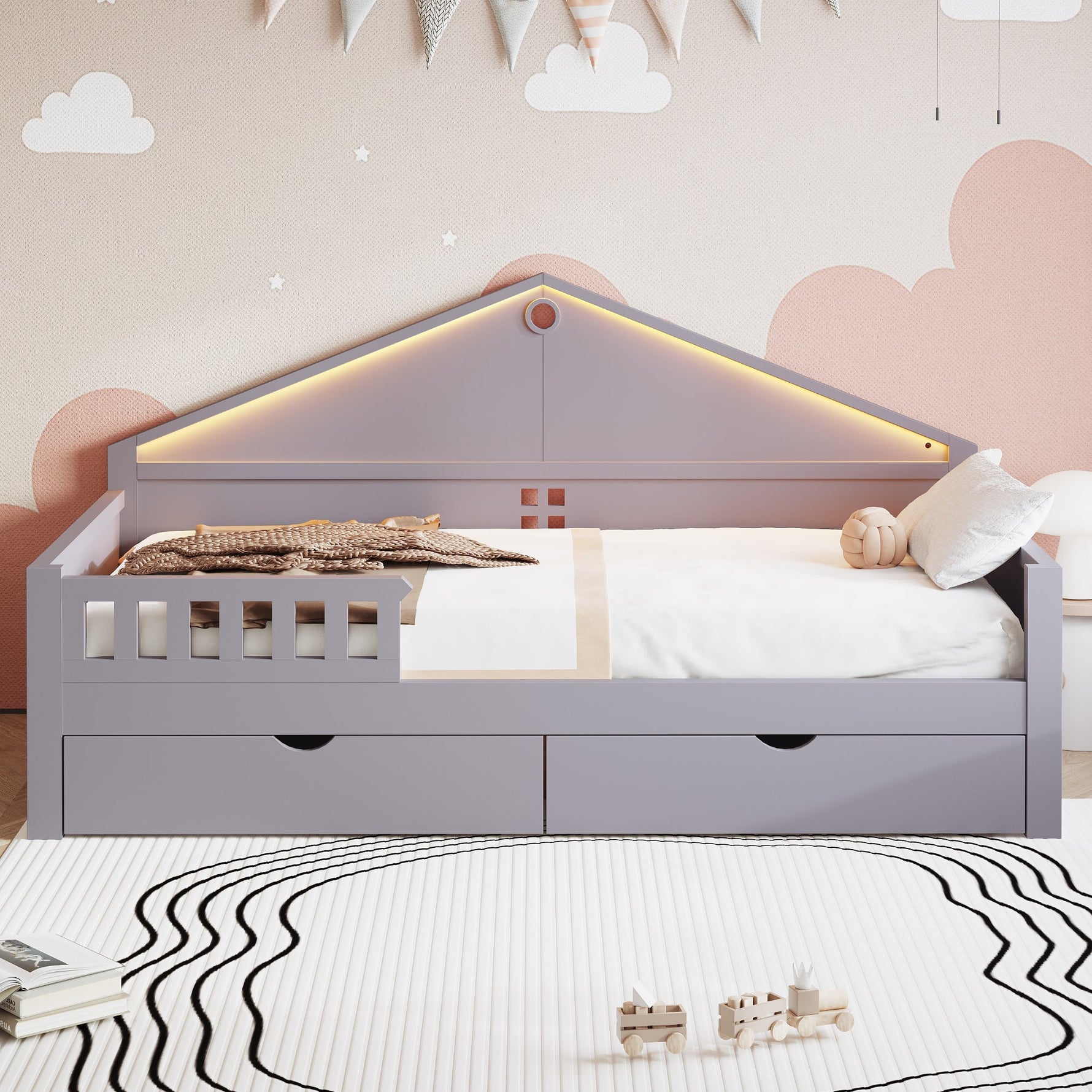 Children's Bed with LED Light Strip and Storage Drawers, 90x200 cm, Grey