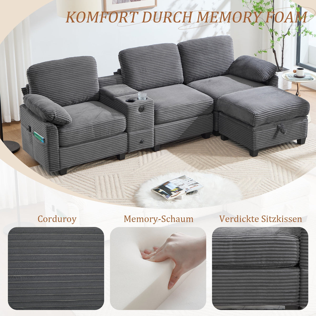 Sofa - Comfort Foam, Removable Console, USB-C, Storage Ottoman - Corduroy
