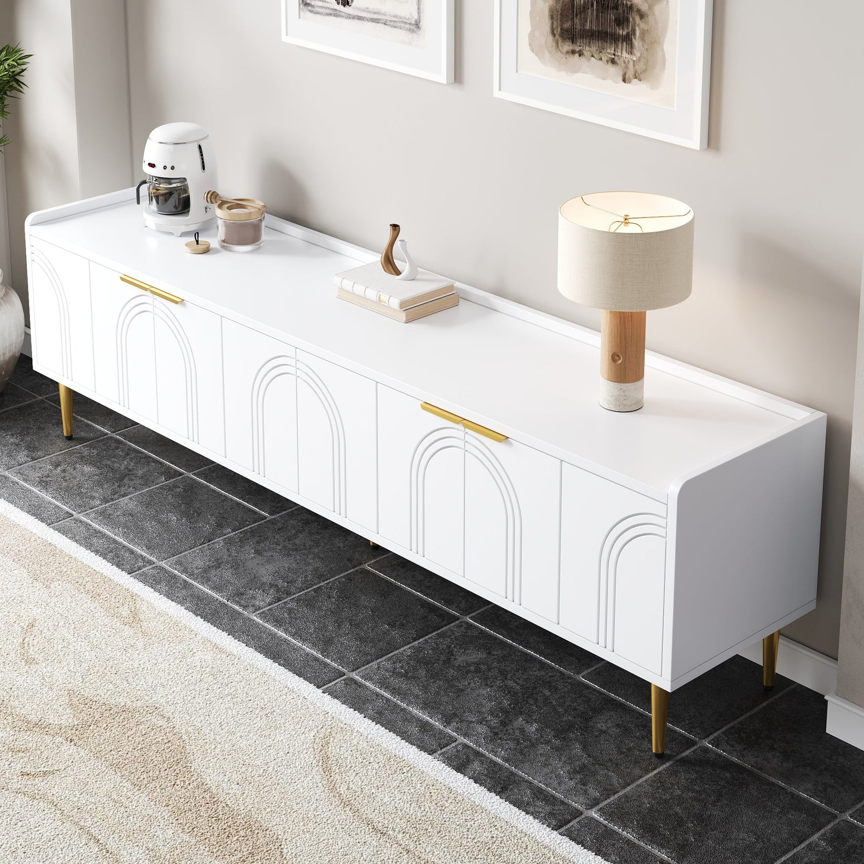 TV Cabinet Lowboard 170cm Textured Door Gold Handles/Feet