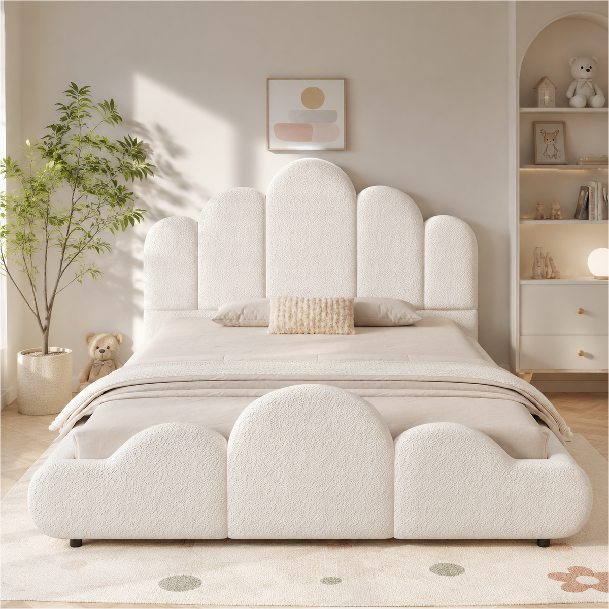 Upholstered Children's Bed 140x200cm with Headboard in Beige Bouclé