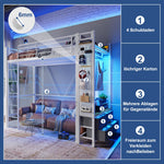 Loft Bed 90x200cm 4 Drawers USB/Type-C LED Pegboard Drying Rack - White Iron Frame