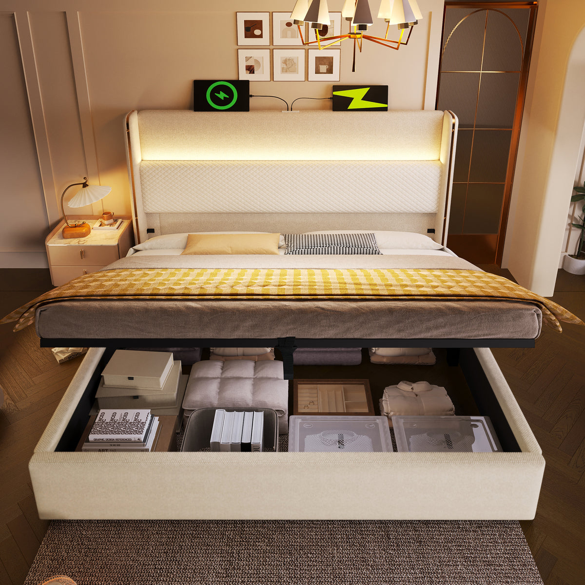 Modern Hydraulic Double Bed 180x200cm LED Storage - Beige Linen