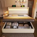 Modern Hydraulic Double Bed 180x200 LED USB Storage, Beige Linen