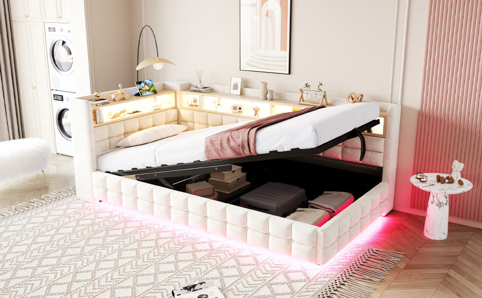 Upholstered Sofa Bed 90x200cm Hydraulic Storage LED USB Ports Beige Velvet