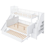 Children's Bed, Bunk with Slide, Shelf, Trundle & Slatted Frame, Solid Wood, White