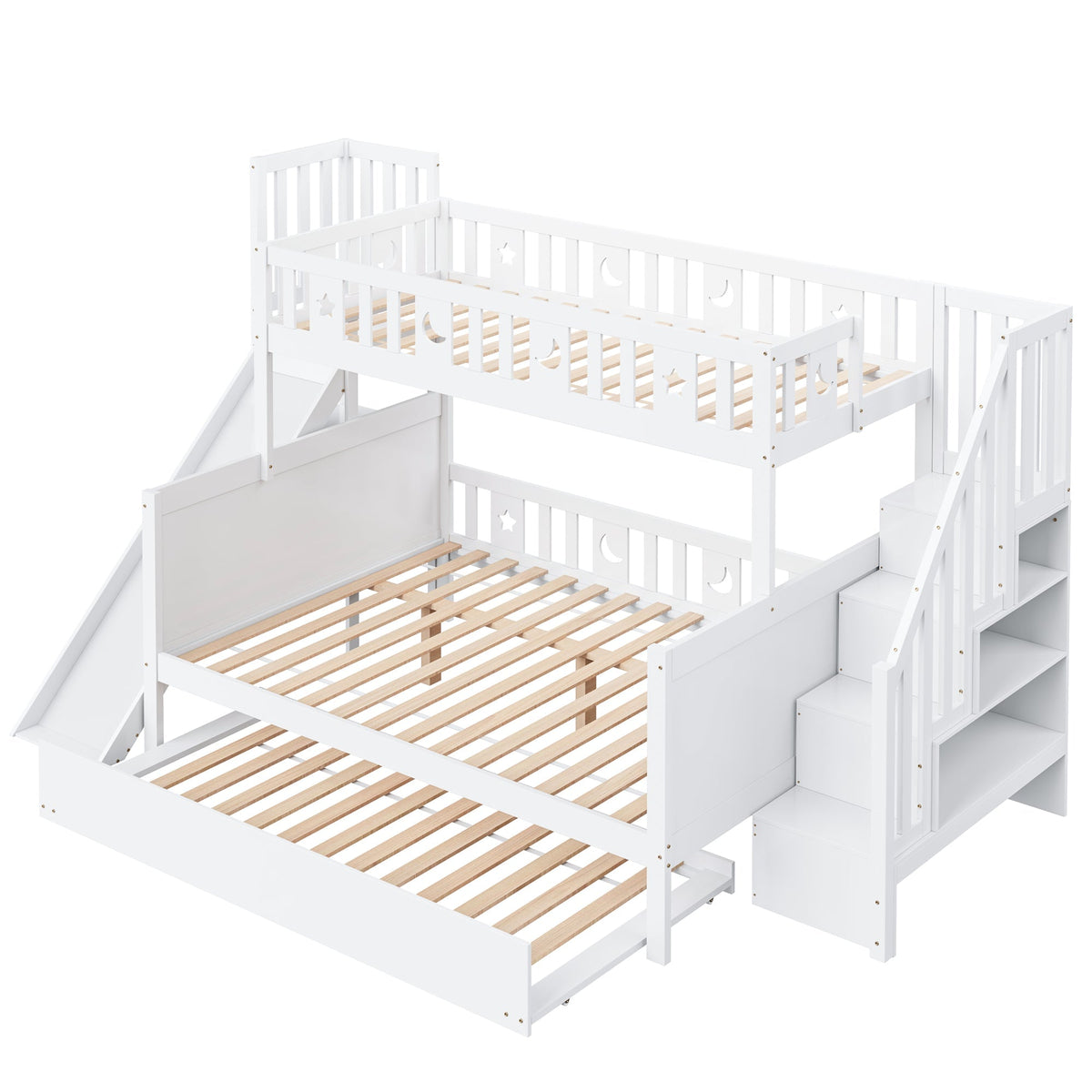Children's Bed, Bunk with Slide, Shelf, Trundle & Slatted Frame, Solid Wood, White