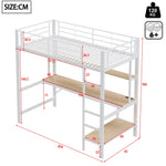 Loft Bed 90x200cm with Desk, Multi-Tiered Shelf, Ladder, USB, and LED Lights, Metal White