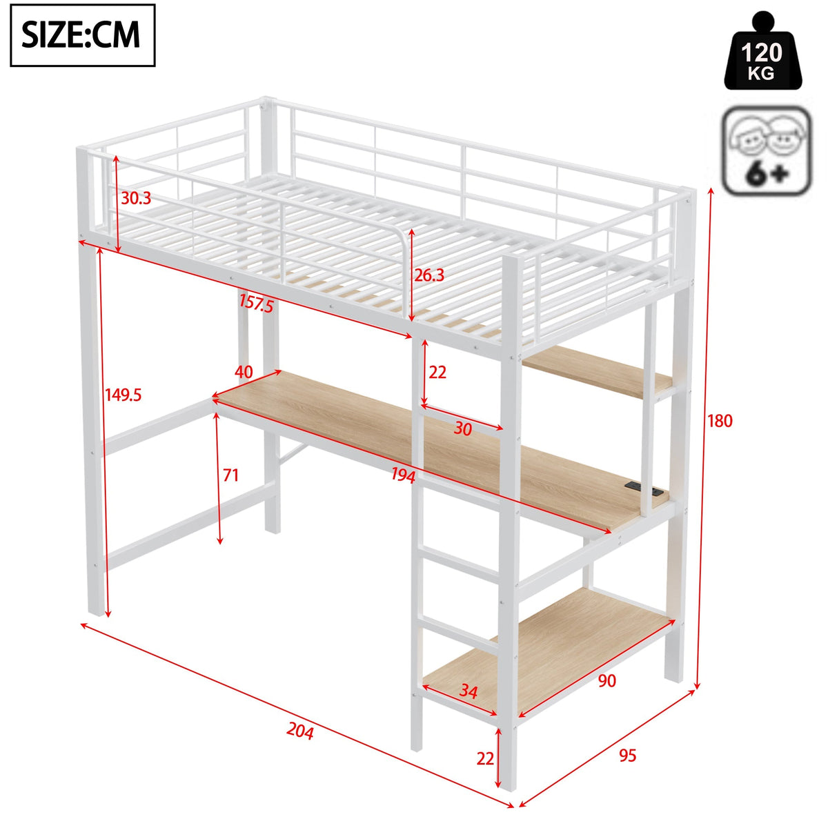 Loft Bed 90x200cm with Desk, Multi-Tiered Shelf, Ladder, USB, and LED Lights, Metal White