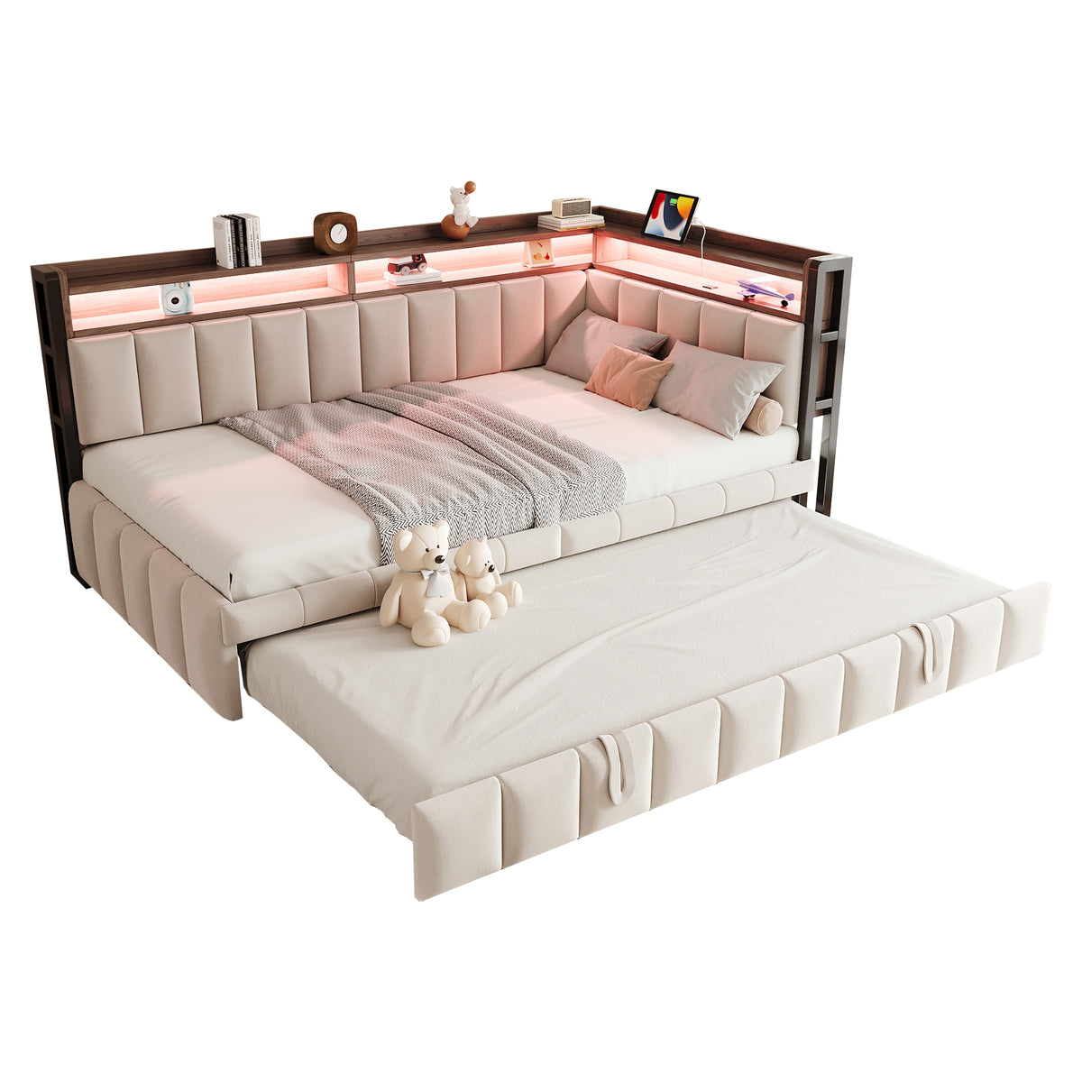 Upholstered Sofa Bed 90x200cm with Trundle & LED, Beige Velvet