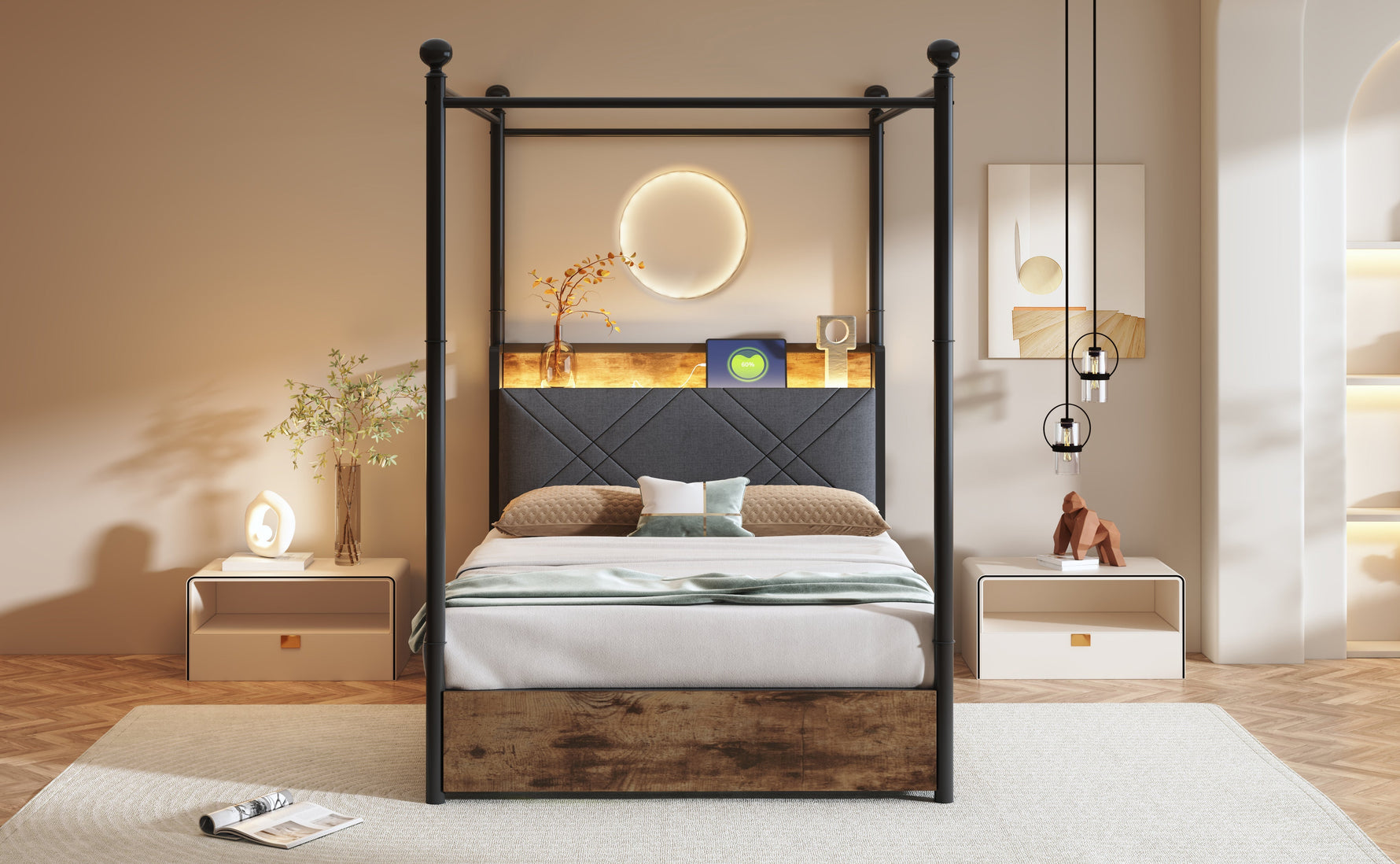 Multifunctional Bed 90x190cm, Storage, Wrought Iron Canopy, LED/USB Ports, Iron