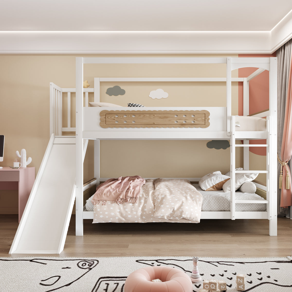 Children's Bunk Bed 90x200 with House Frame & Slide, Wood Color