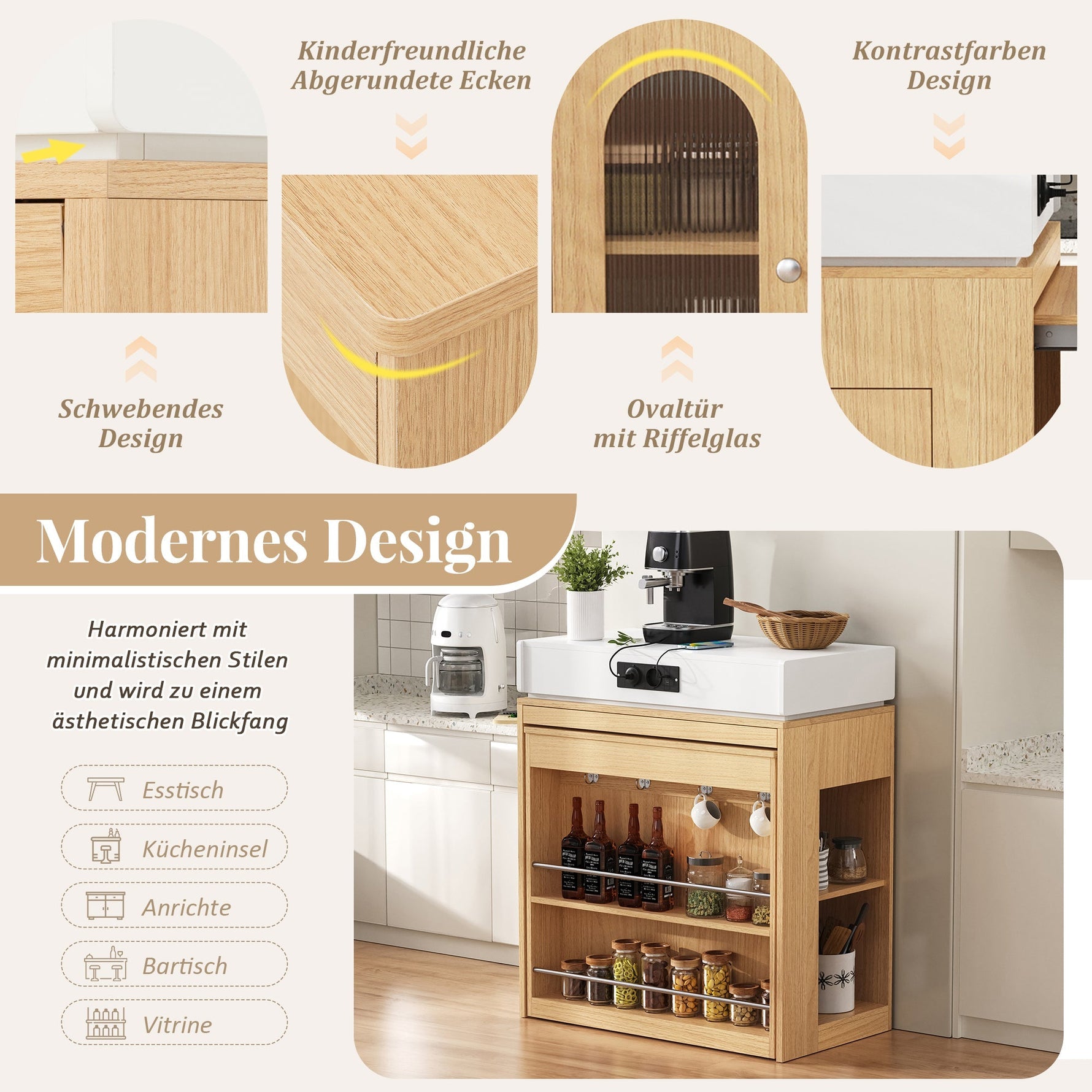 Kitchen Island on Wheels Extendable Dining Table Power Strips & Hooks - Natural