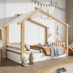 Wooden Bed, House Design Single with Slatted Frame, Pine & MDF White & Natural
