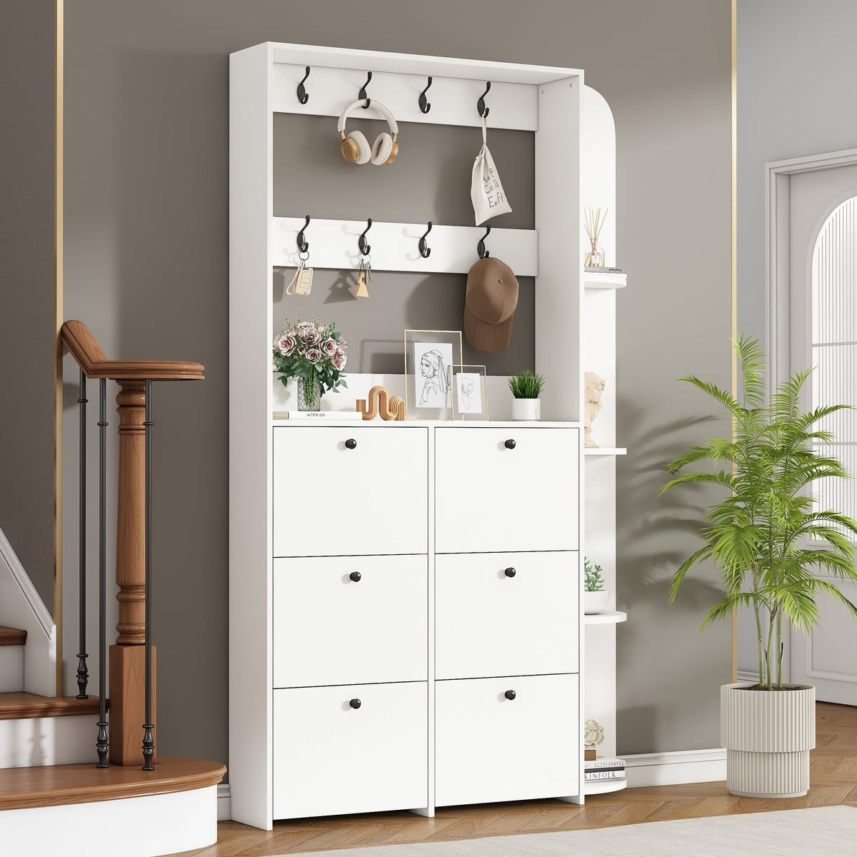 Hallway Cabinet 3-in-1 Shoe Cabinet 8 Hooks 5 Shelves - White