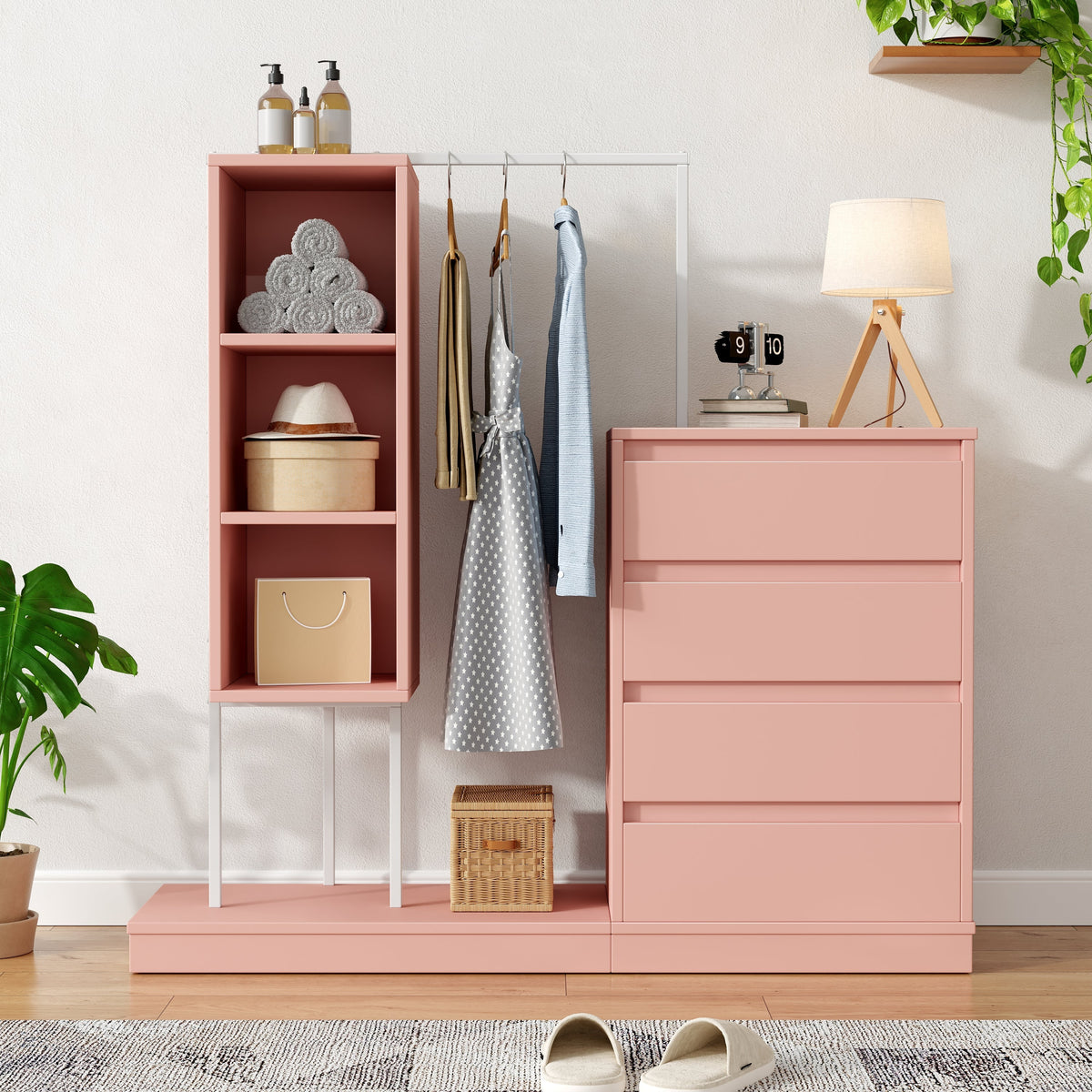 Drawer Cabinet Wardrobe Set, Sideboard Clothes Rail W140/W40/H135, Pink
