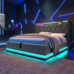 Upholstered Bed, Double, 360-Surround LED, Hydraulic Storage, USB-C, Gray Linen