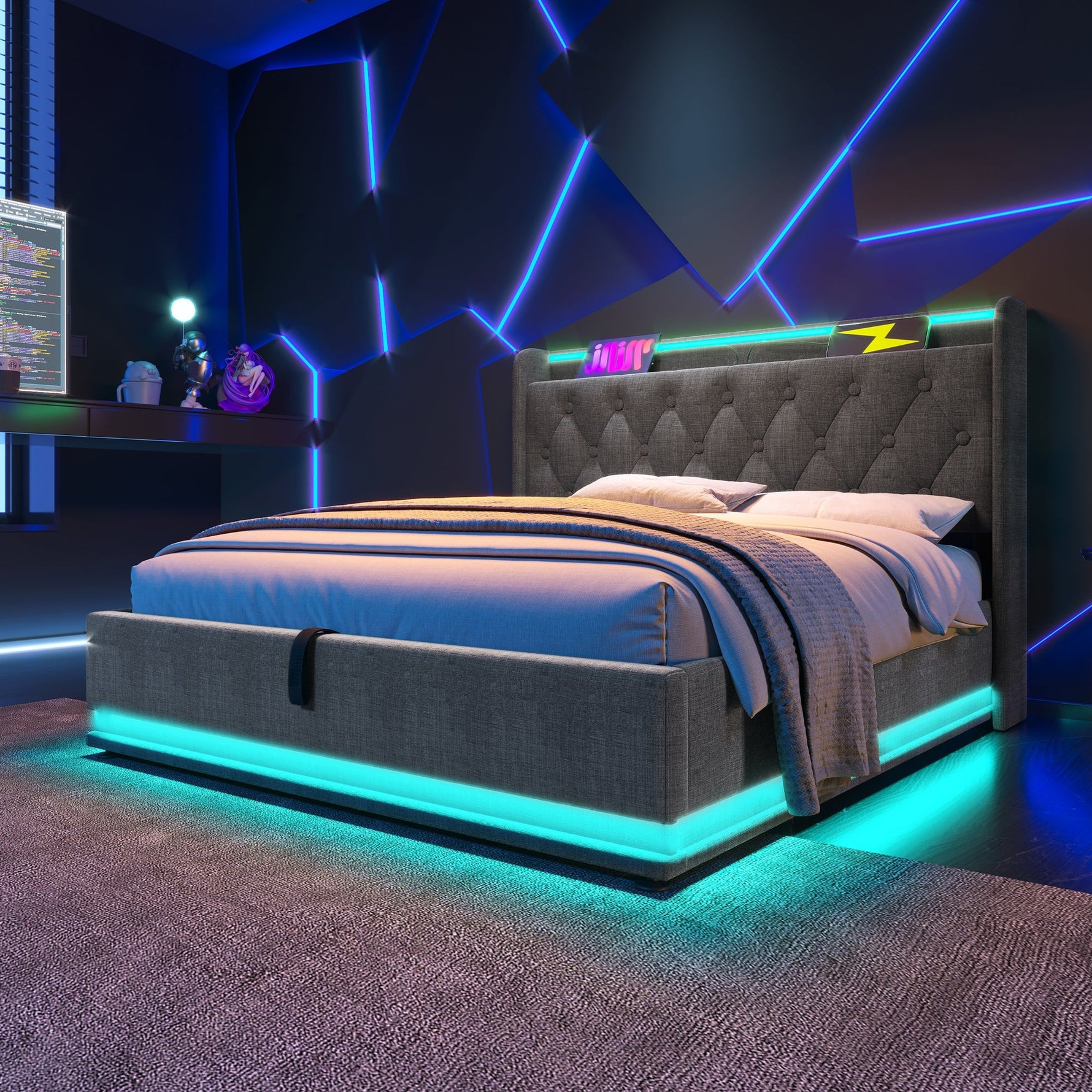 Upholstered Bed, Double, 360-Surround LED, Hydraulic Storage, USB-C, Gray Linen