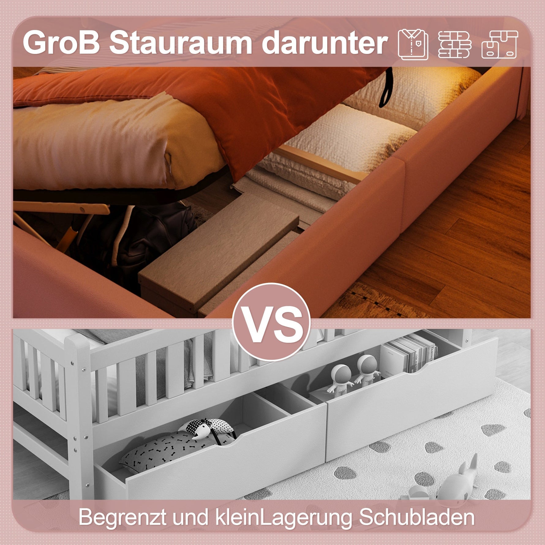 Upholstered Bed 90x200cm Hydraulic Storage LED Crown Shape Adjustable Headboard - PU Pink