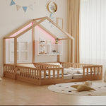 Wooden House Bed 90x200cm Freestanding LED Storage Shelves Wood Color