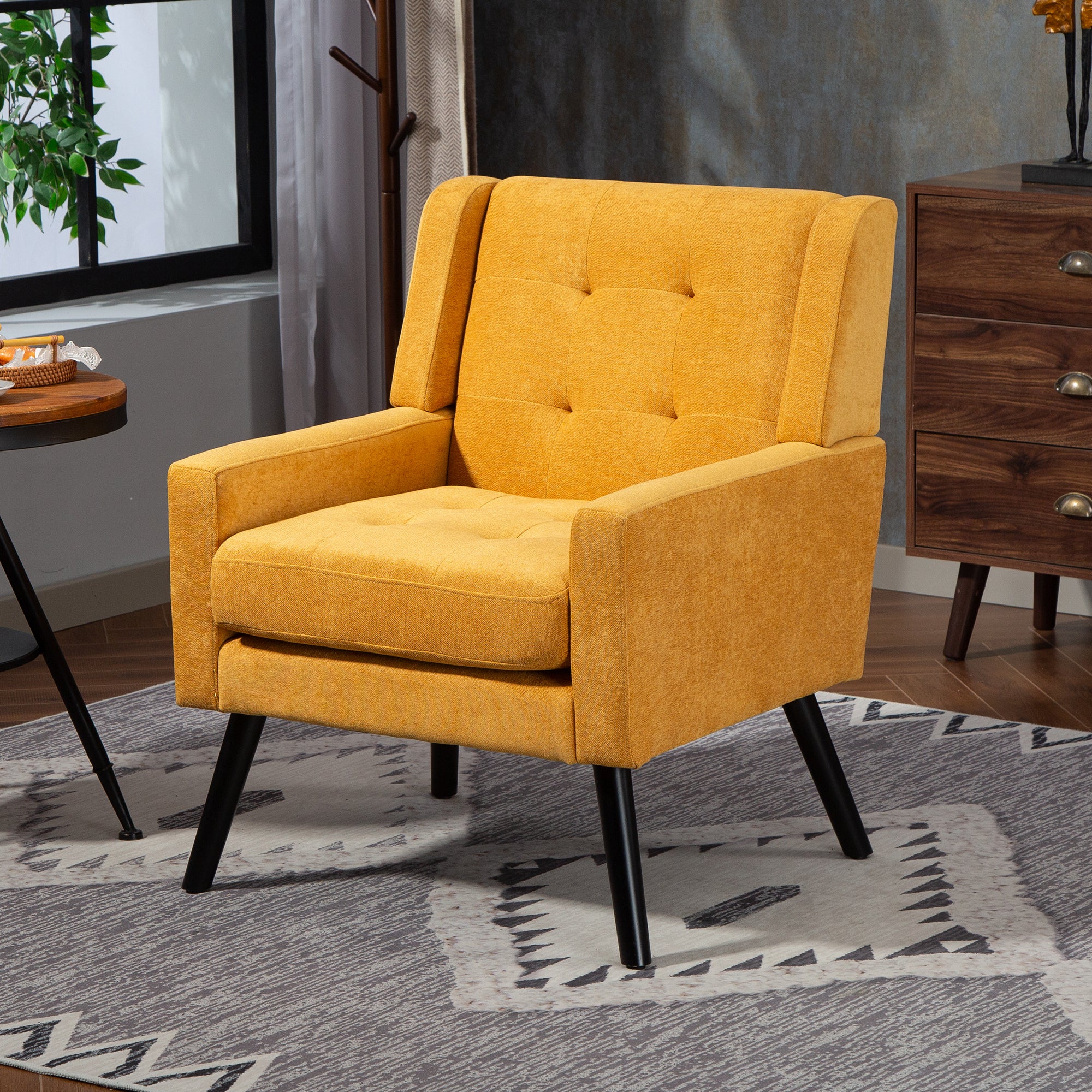 Upholstered Armchair with Buttoned Padding and Solid Wood Legs, Suede Black