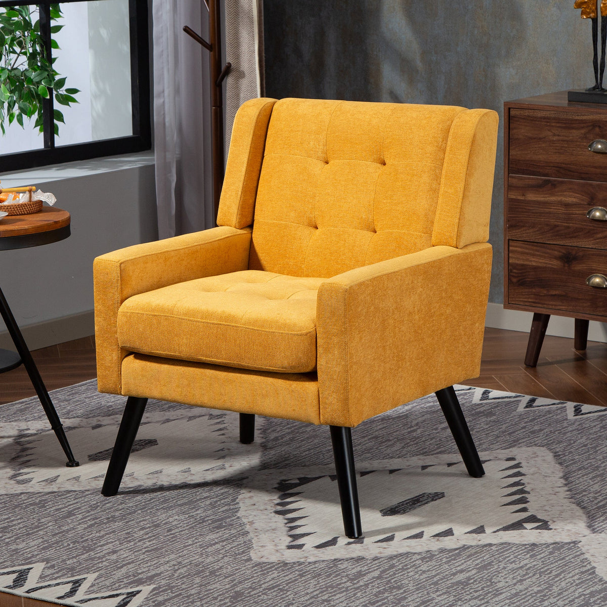 Upholstered Armchair with Buttoned Padding and Solid Wood Legs, Suede Black