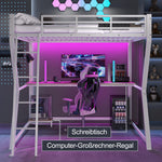 Loft Bed 140x200cm with Desk, LED Lights & USB, White