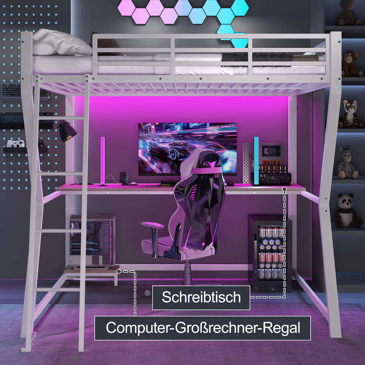 Loft Bed 140x200cm with Desk, LED Lights & USB, White