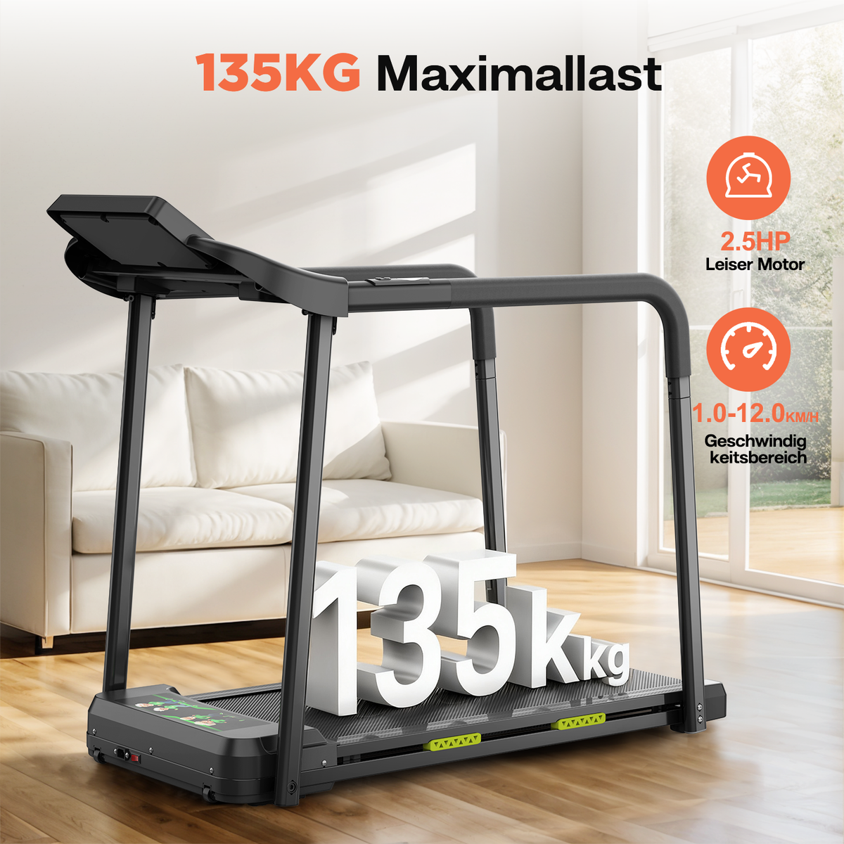 Walking Pad Treadmill Foldable LED Display Handrail, 135 kg Capacity