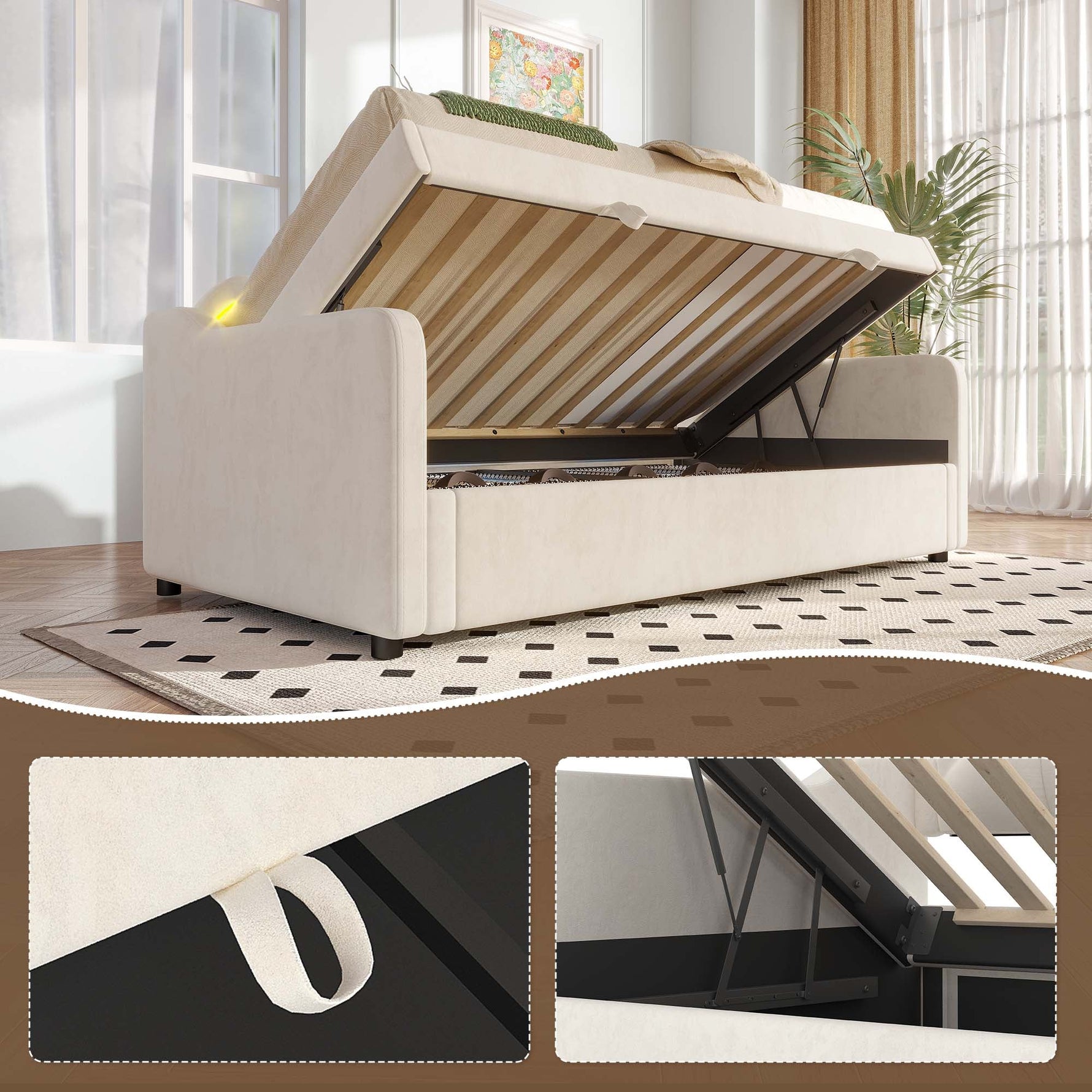 Daybed Sofa Bed 90x200cm Hydraulic Storage LED - Velvet Beige