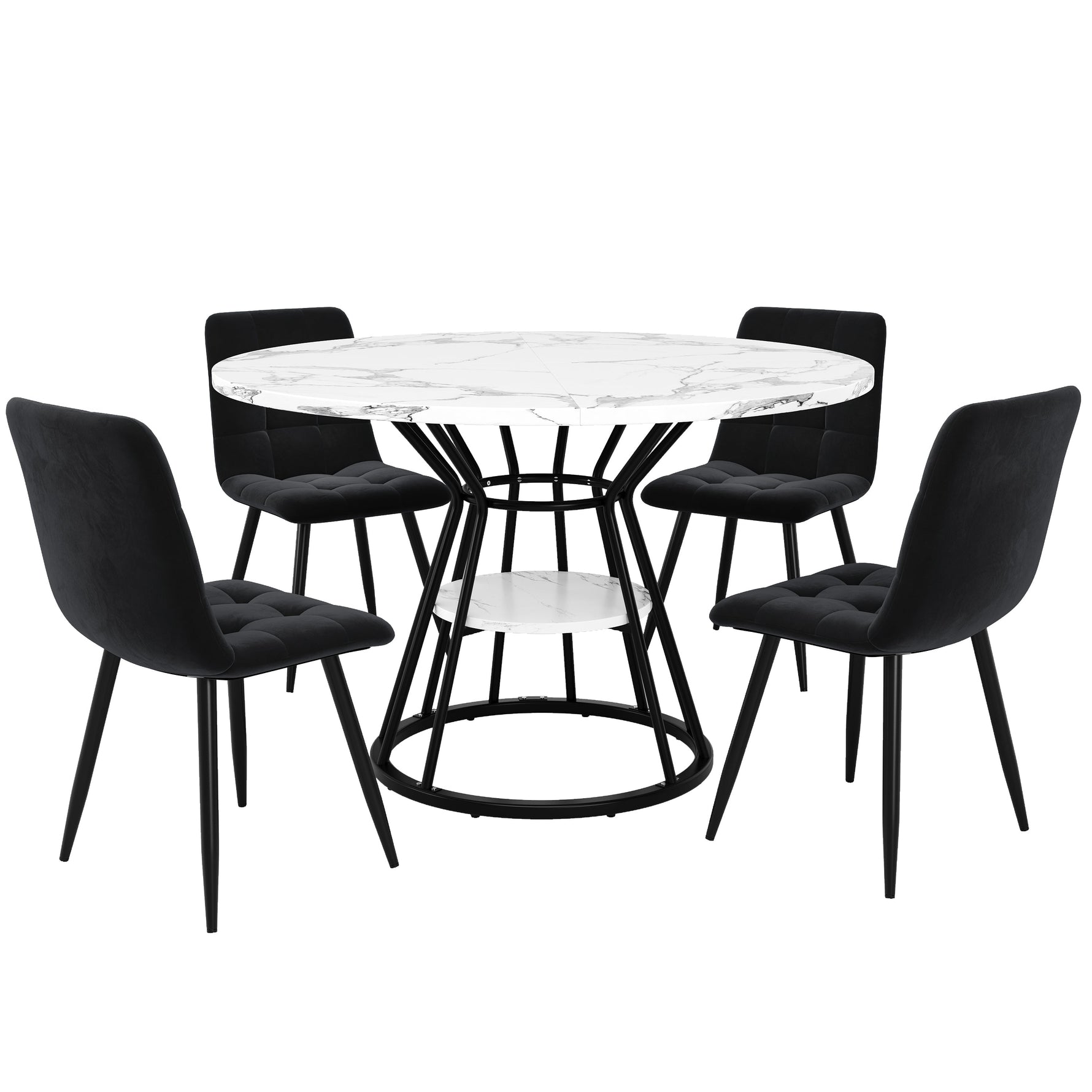 5-Piece Round Dining Table Set with 4 Velvet Chairs and Marble Top, Black