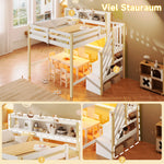 Loft Bed 140x200cm with LED Lights & Storage - White & Natural