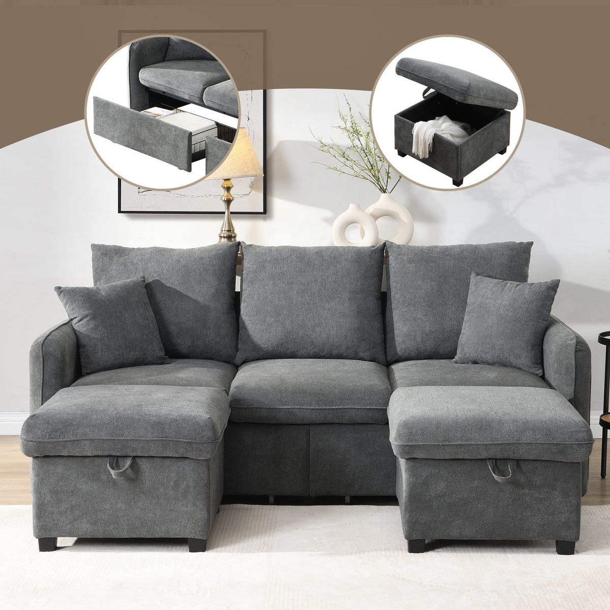 Corner Sofa U-Shaped Three-Seater Modular with Storage & Sleeping Function, Chenille