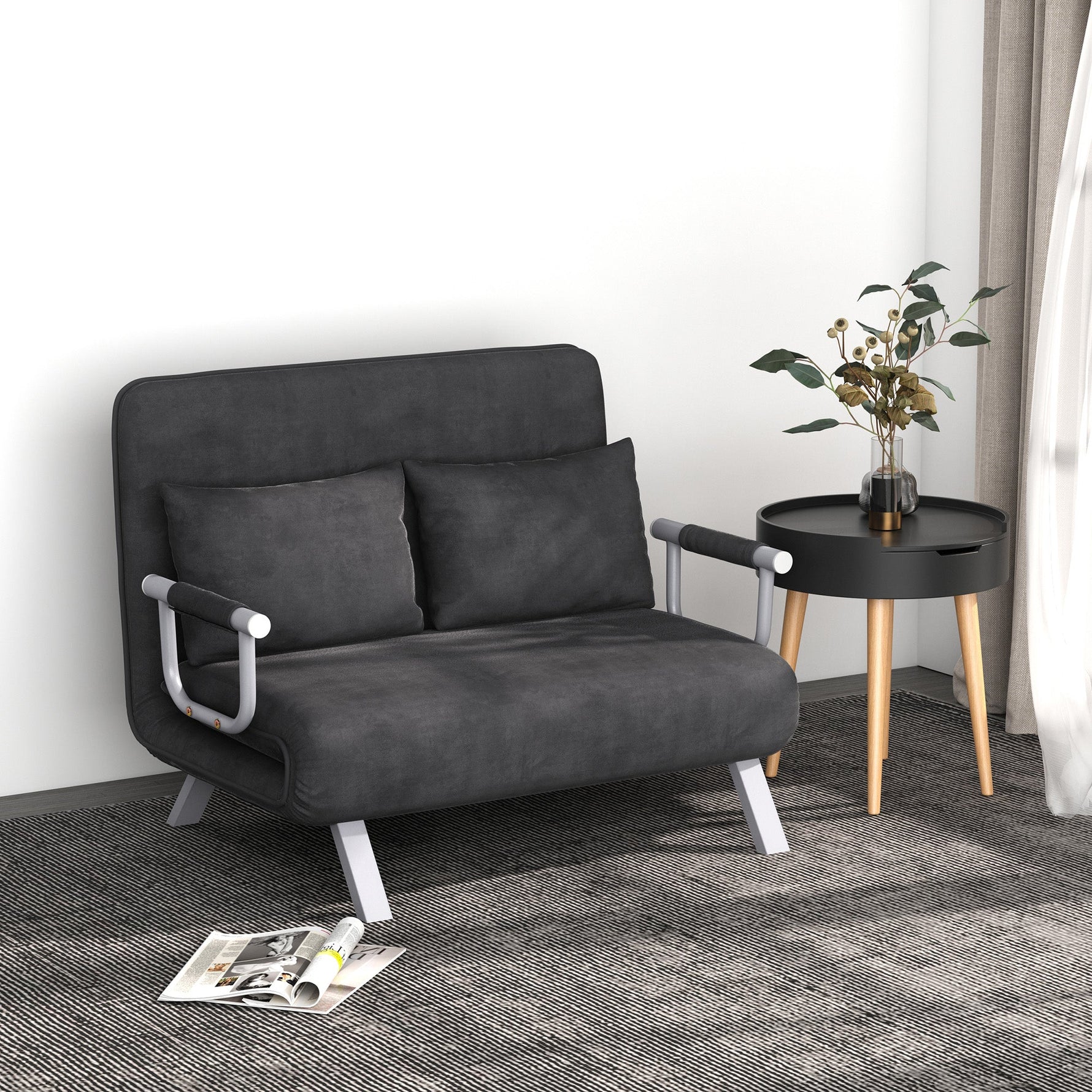 2-Seater Sofa Bed, Armrests Folding Guest Faux Suede Grey