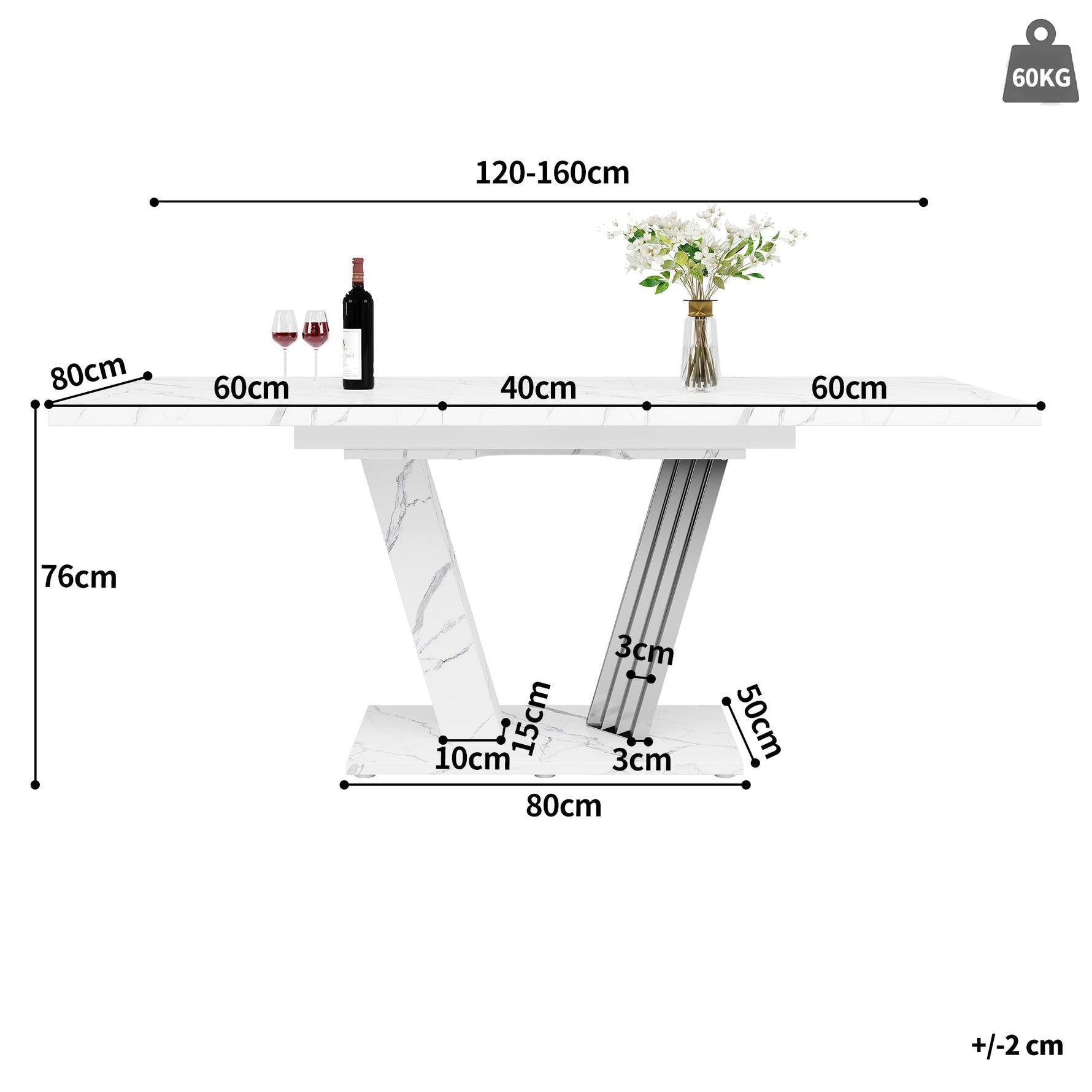 Extendable Dining Table with Butterfly Frame and Leaf, Marble Top and Metal