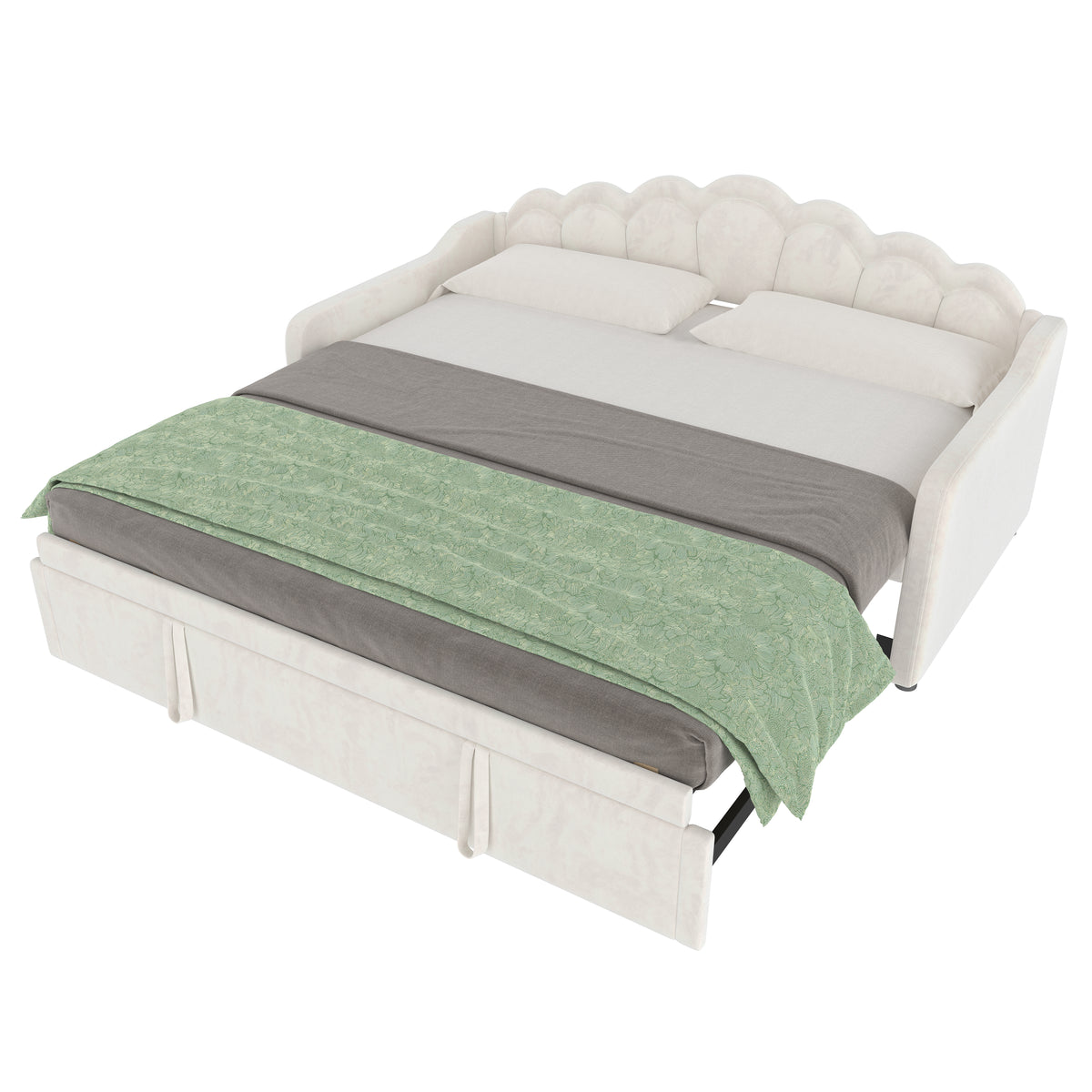 Daybed with Pull-Out Bed & LED Strip, 90x200cm, Beige Velvet