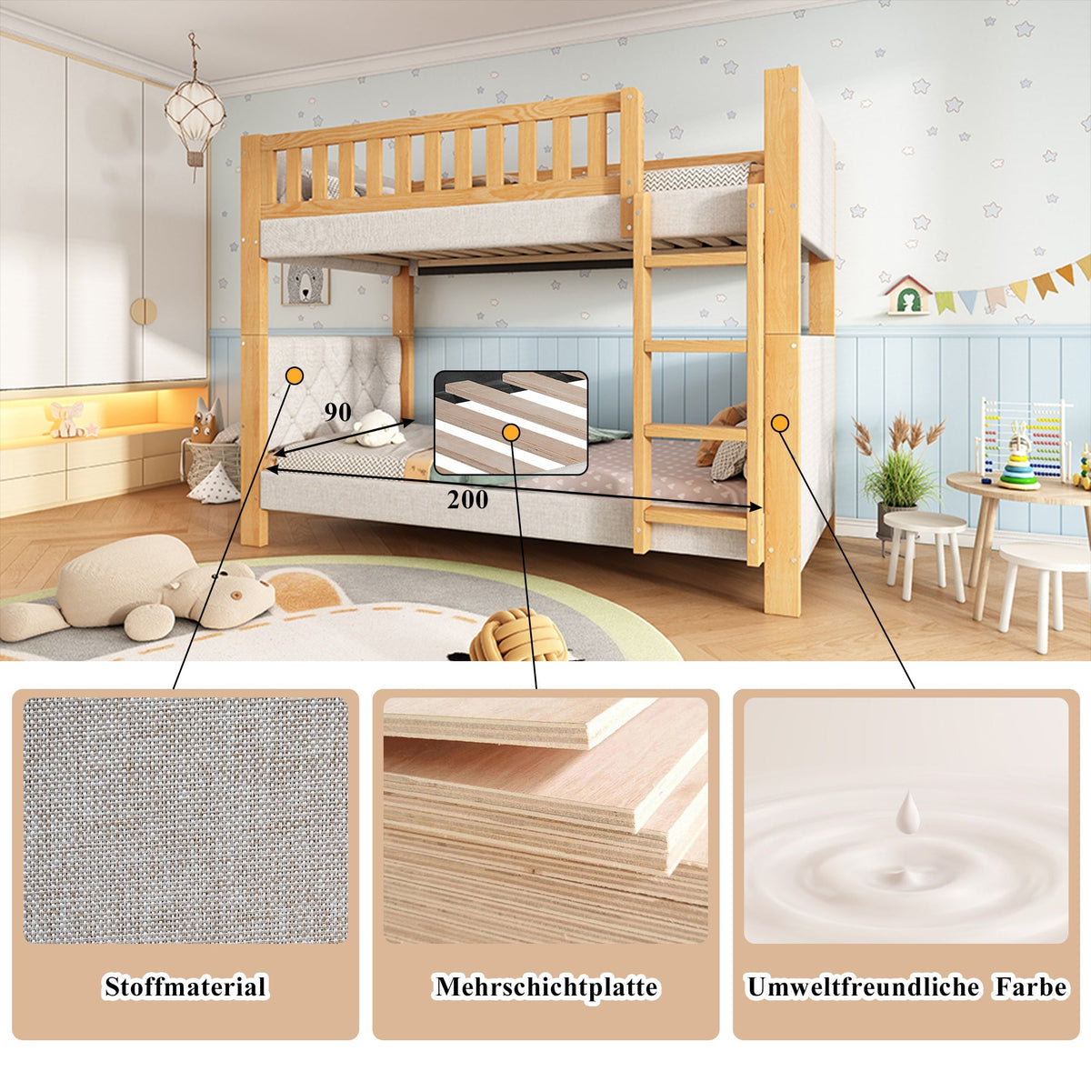 Bunk Bed with Anti-Collision Sponge Edge and Straight Staircase, 90x200cm, Grey and Natural Rubberwood + MDF