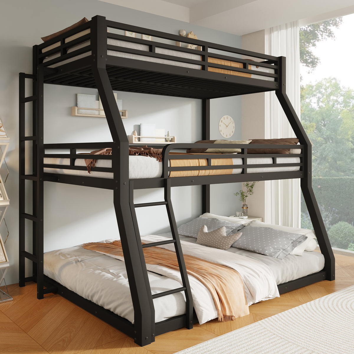 Triple Bunk Bed Frame 90x200/120x200/140x200cm, Black Metal