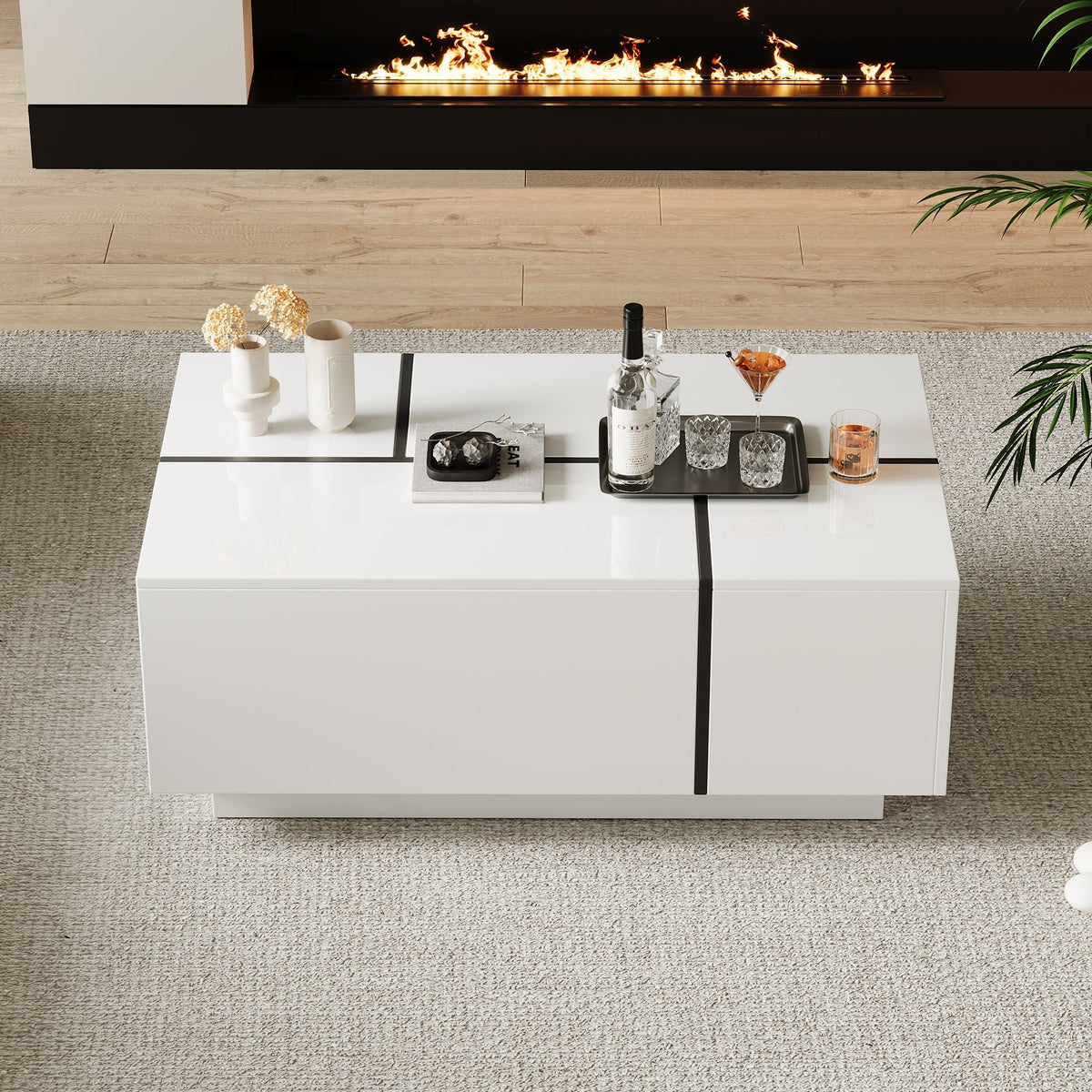 Coffee Table Square, 4 Drawers Sliding Top High-Gloss Finish, White